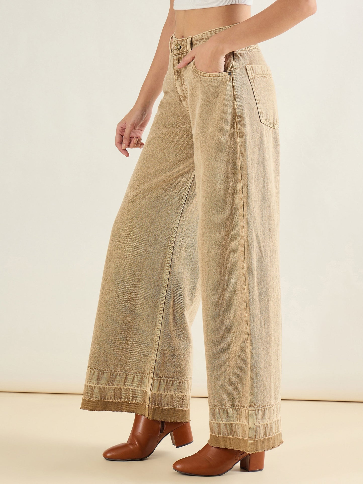Beige Washed Hem Detail Low Waist Wide Leg Jeans