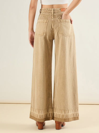 Beige Washed Hem Detail Low Waist Wide Leg Jeans