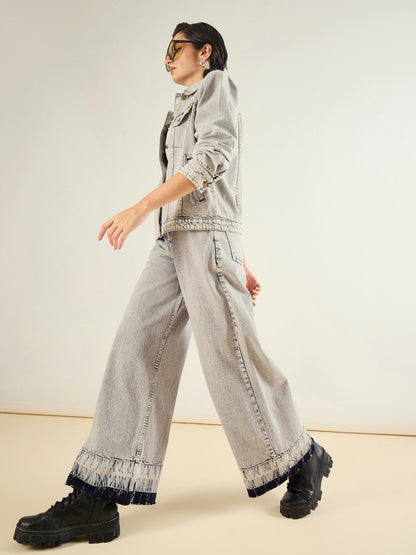Grey Washed Hem Detai Low Waist Wide Leg Jeans