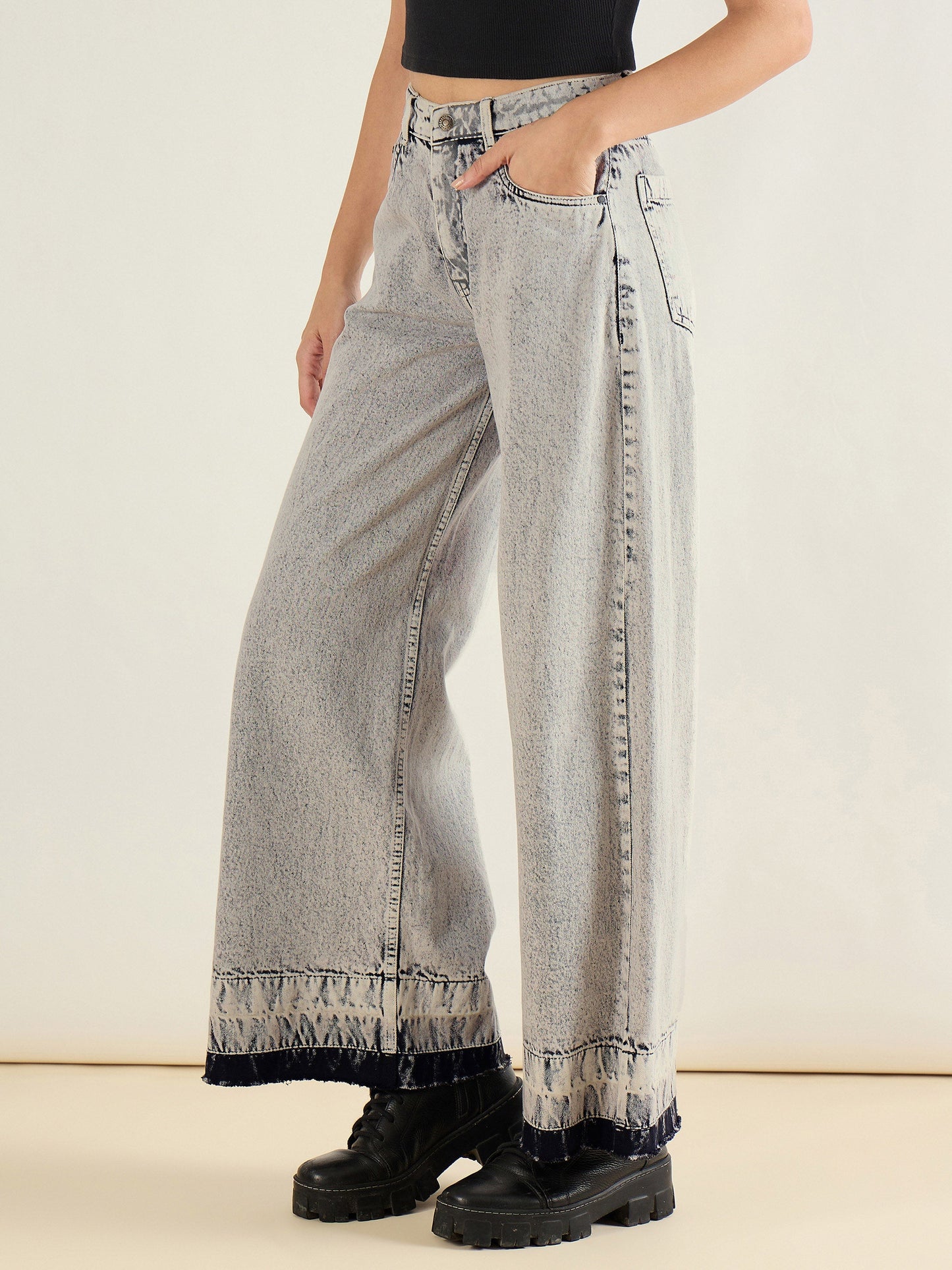 Grey Washed Hem Detai Low Waist Wide Leg Jeans