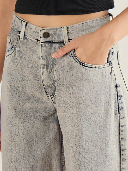 Grey Washed Hem Detai Low Waist Wide Leg Jeans
