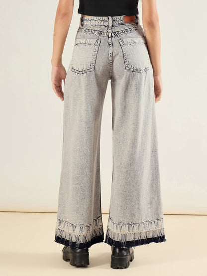 Grey Washed Hem Detai Low Waist Wide Leg Jeans