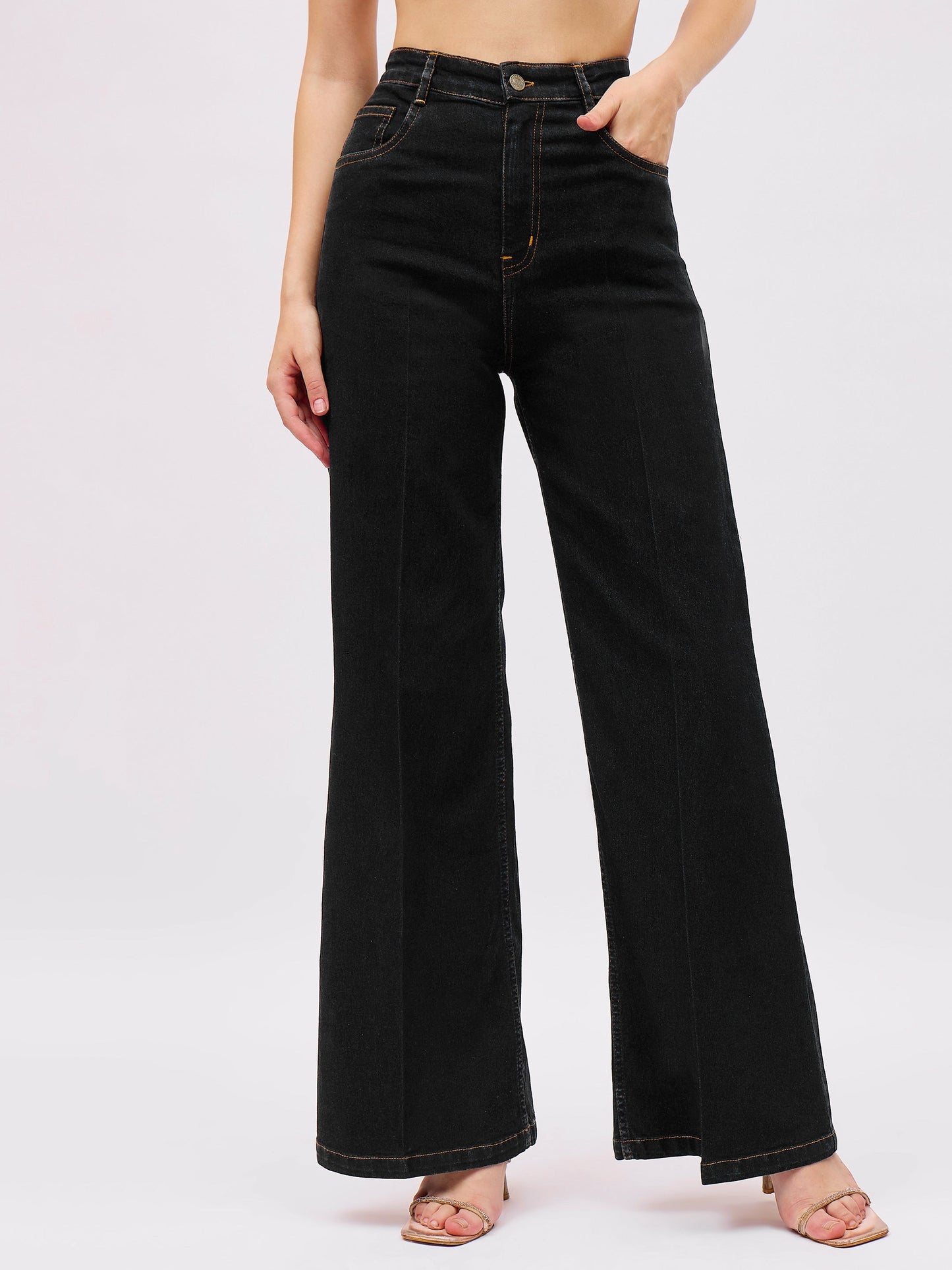 Jet Black Denim Front Crease Straight Fit Jeans