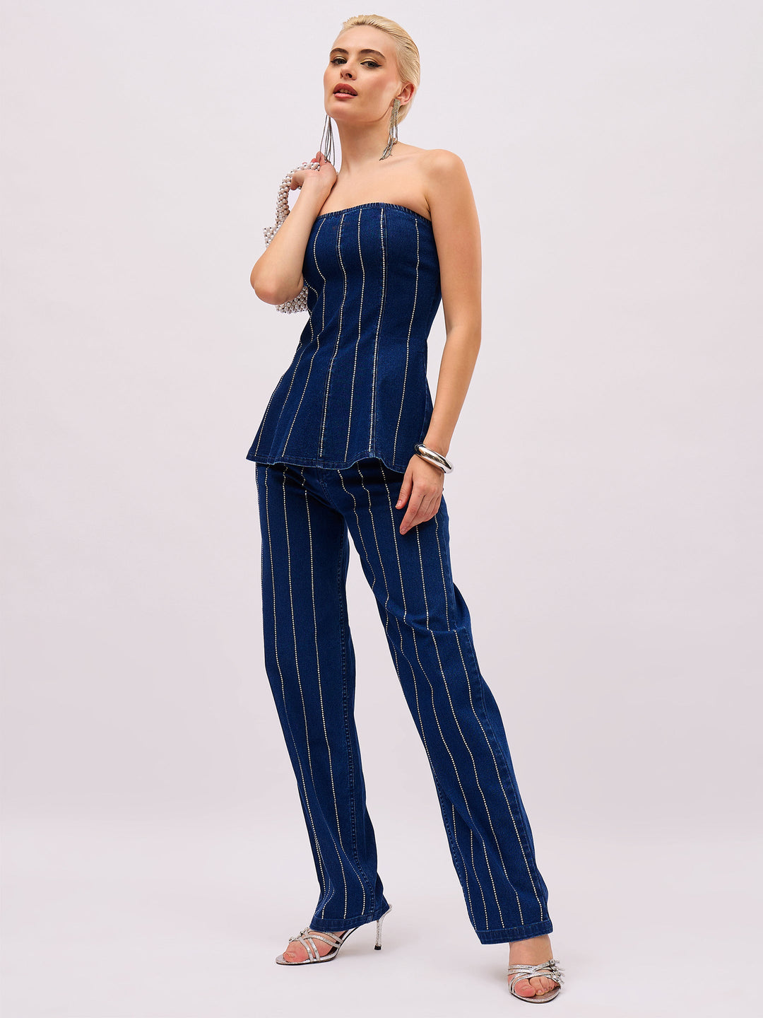 Women Navy Denim Front Stud Straight Fit Jeans
