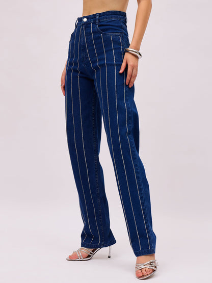 Women Navy Blue Denim Front Stud Straight Fit Jeans