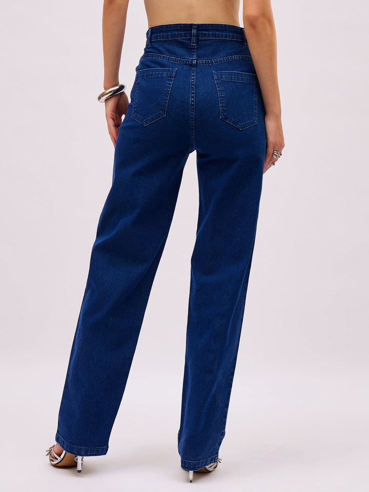 Women Navy Denim Front Stud Straight Fit Jeans