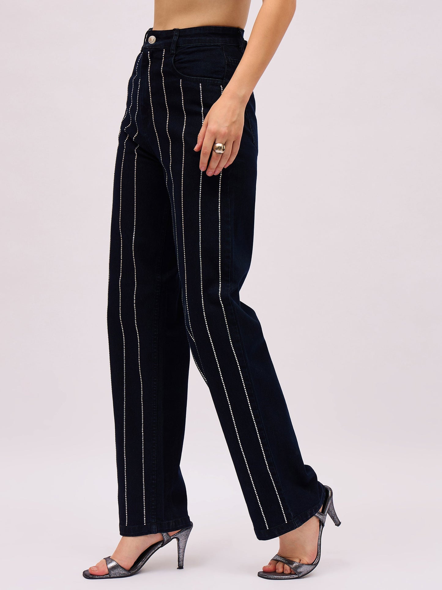 Women Jet Black Denim Front Stud Straight Fit Jeans