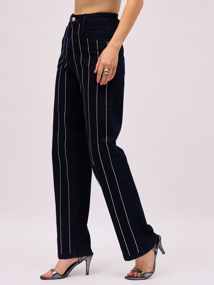 Women Jet Black Denim Front Stud Straight Fit Jeans