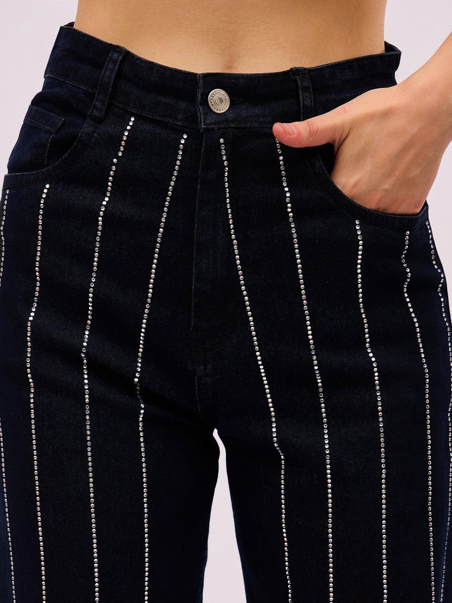 Women Jet Black Denim Front Stud Straight Fit Jeans