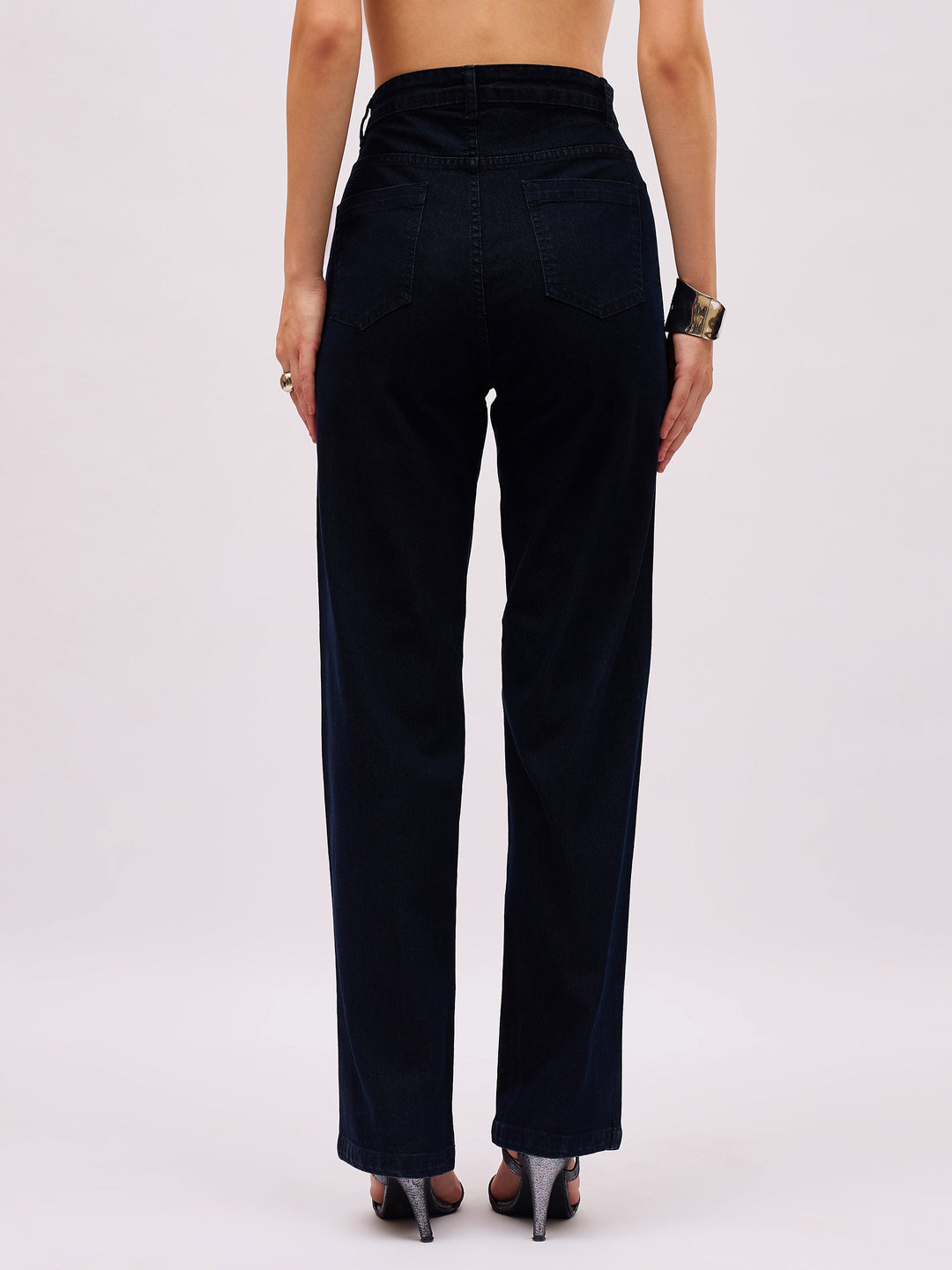 Women Jet Black Denim Front Stud Straight Fit Jeans
