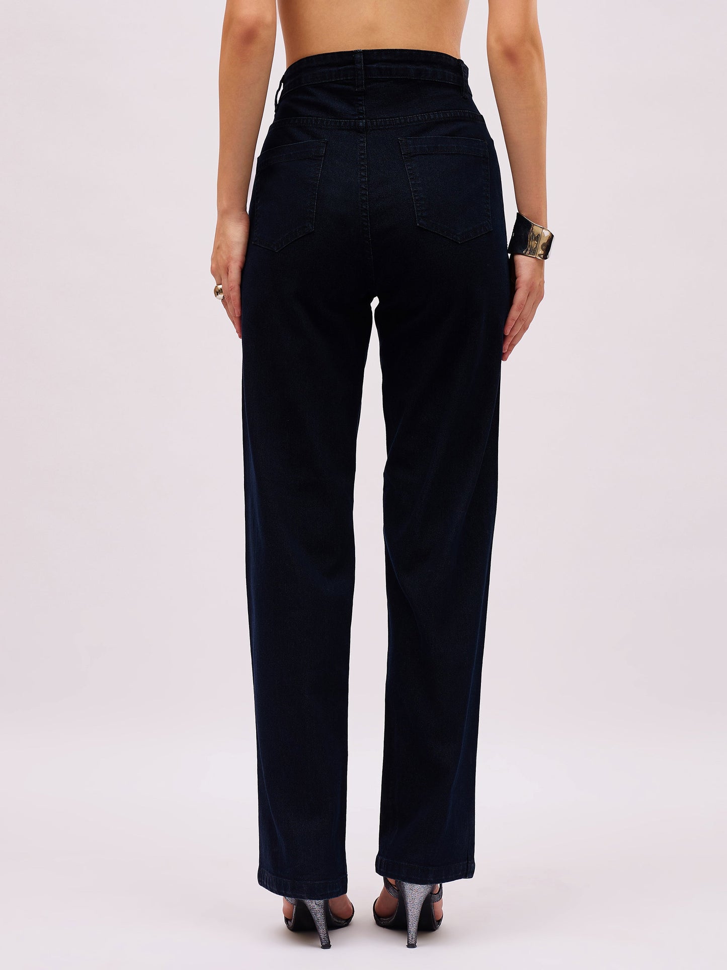 Women Jet Black Denim Front Stud Straight Fit Jeans