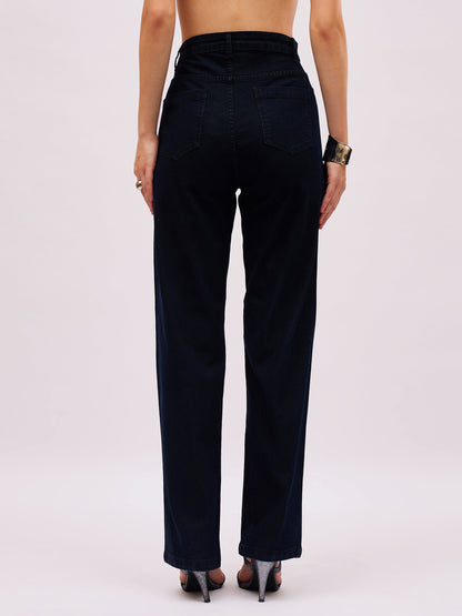 Women Jet Black Denim Front Stud Straight Fit Jeans