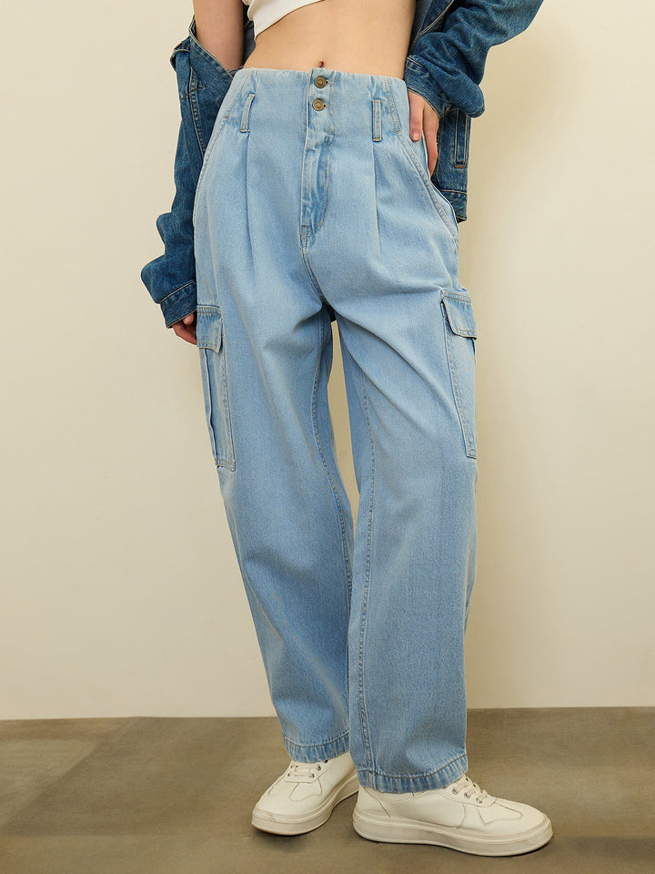 Women Ice Blue Wash High Rise Cargo Jeans