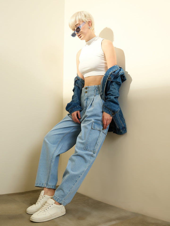 Women Ice Blue Wash High Rise Cargo Jeans