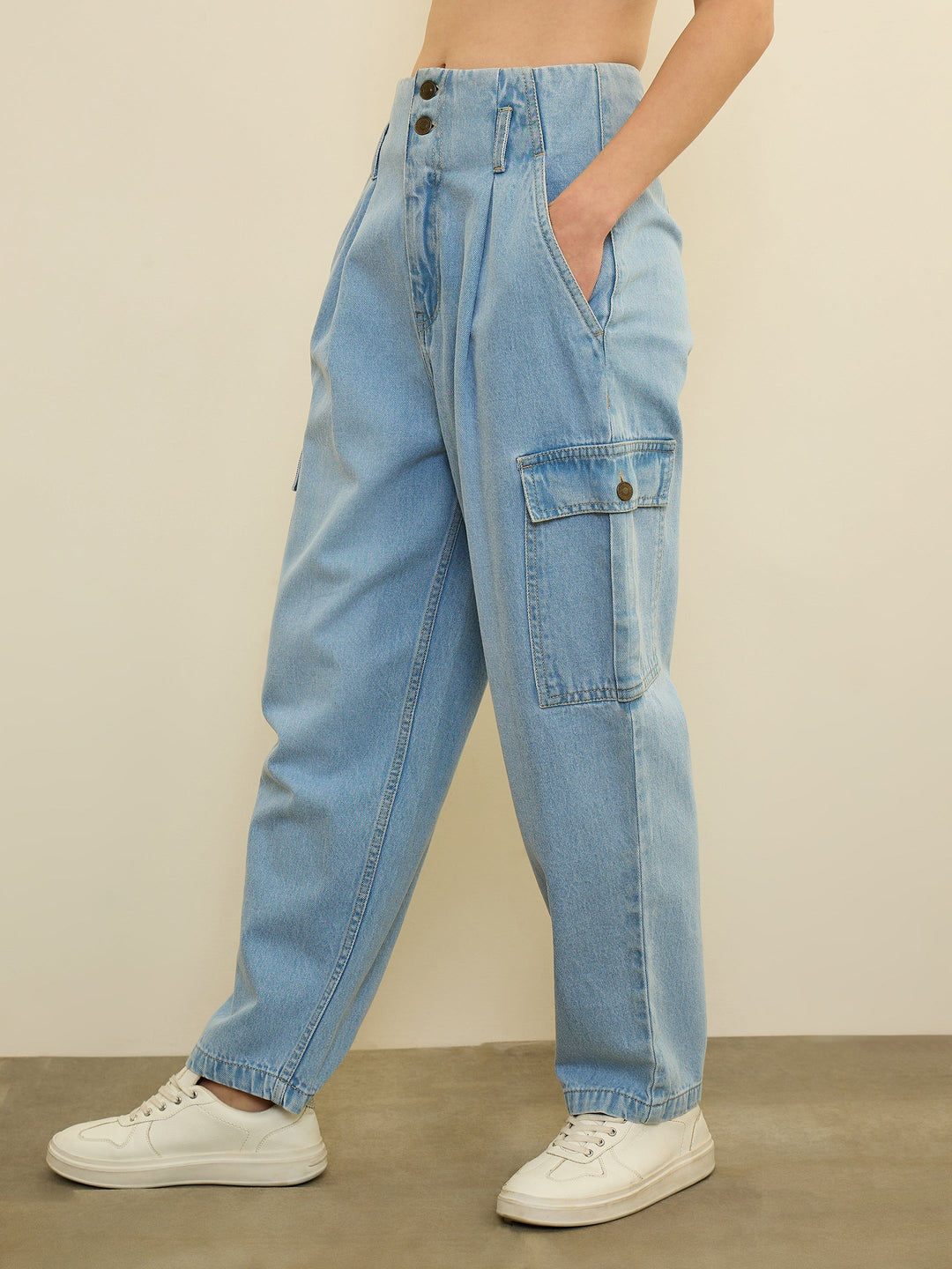 Women Ice Blue Wash High Rise Cargo Jeans