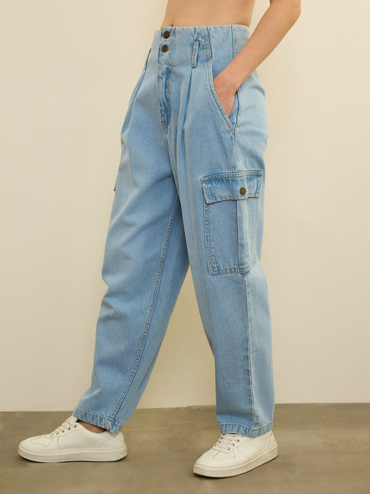 Women Ice Blue Wash High Rise Cargo Jeans