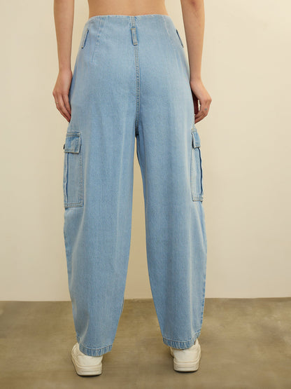 Women Ice Blue Wash High Rise Cargo Jeans