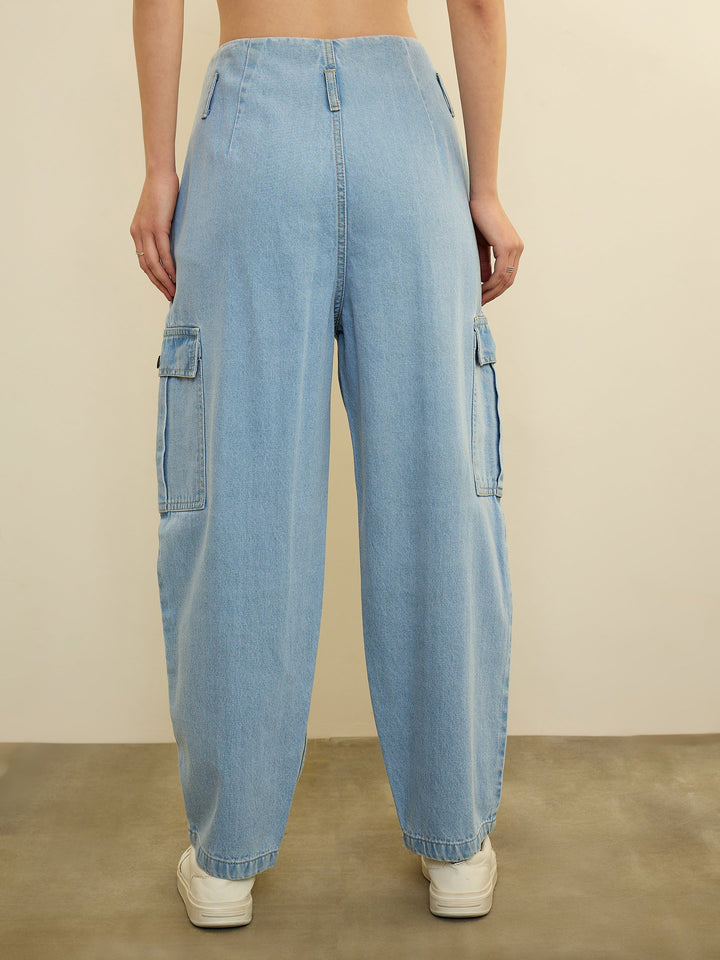 Women Ice Blue Wash High Rise Cargo Jeans
