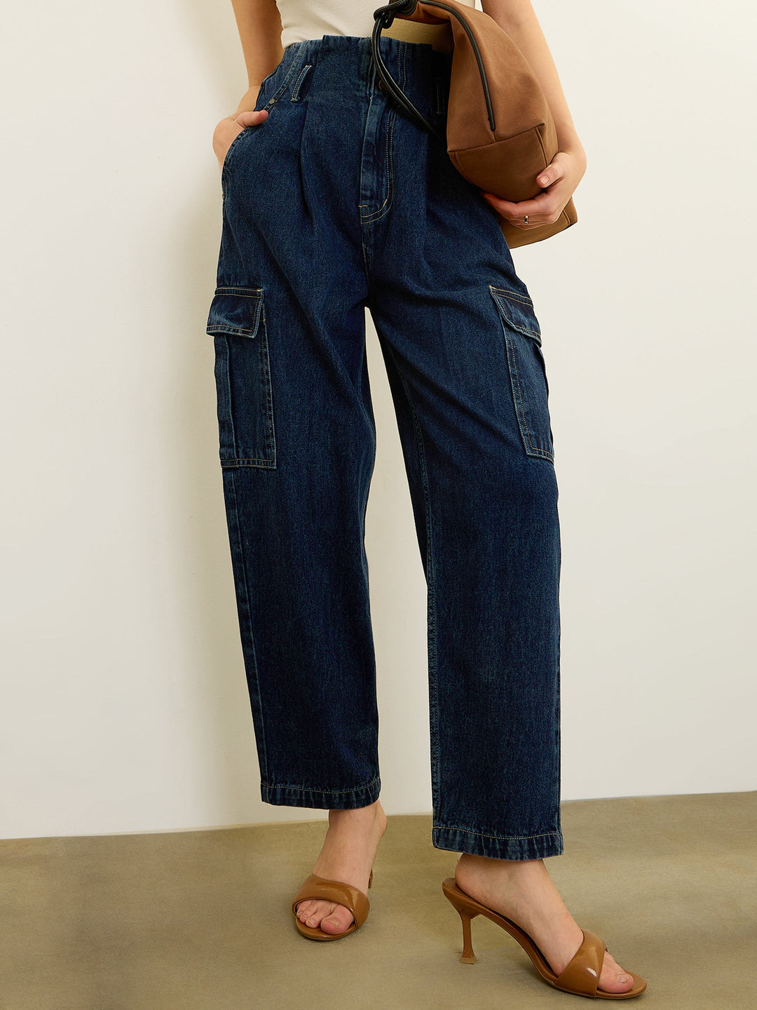 Women Navy Wash High Rise Cargo Jeans