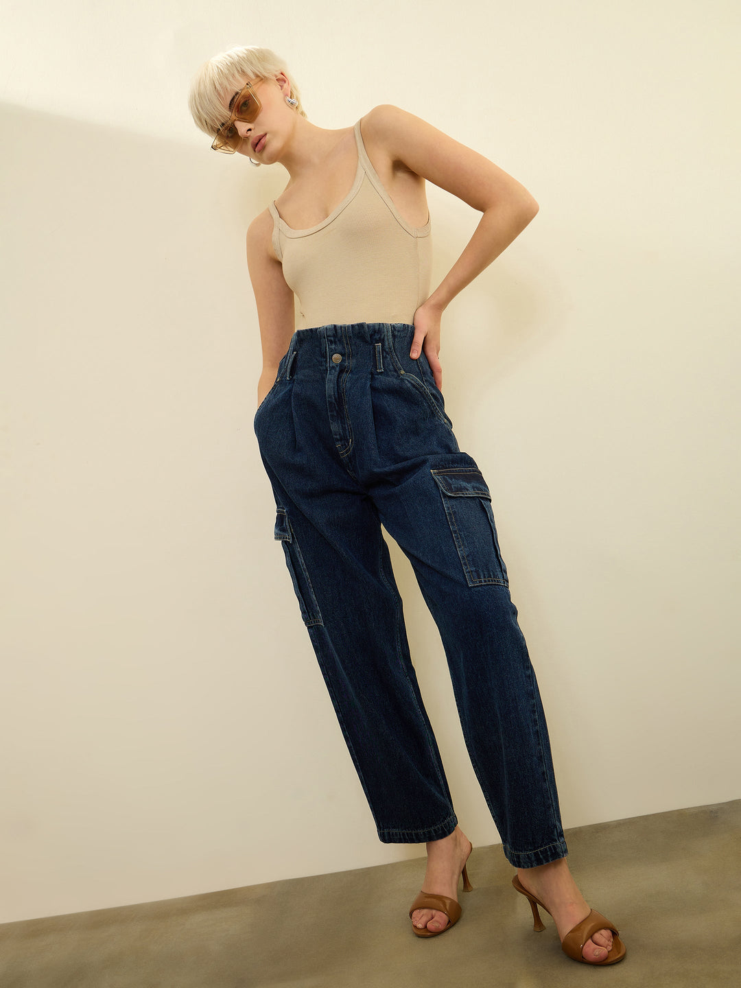 Women Navy Wash High Rise Cargo Jeans