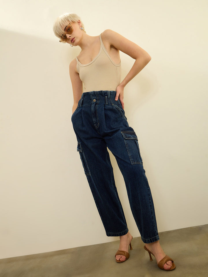 Women Navy Wash High Rise Cargo Jeans