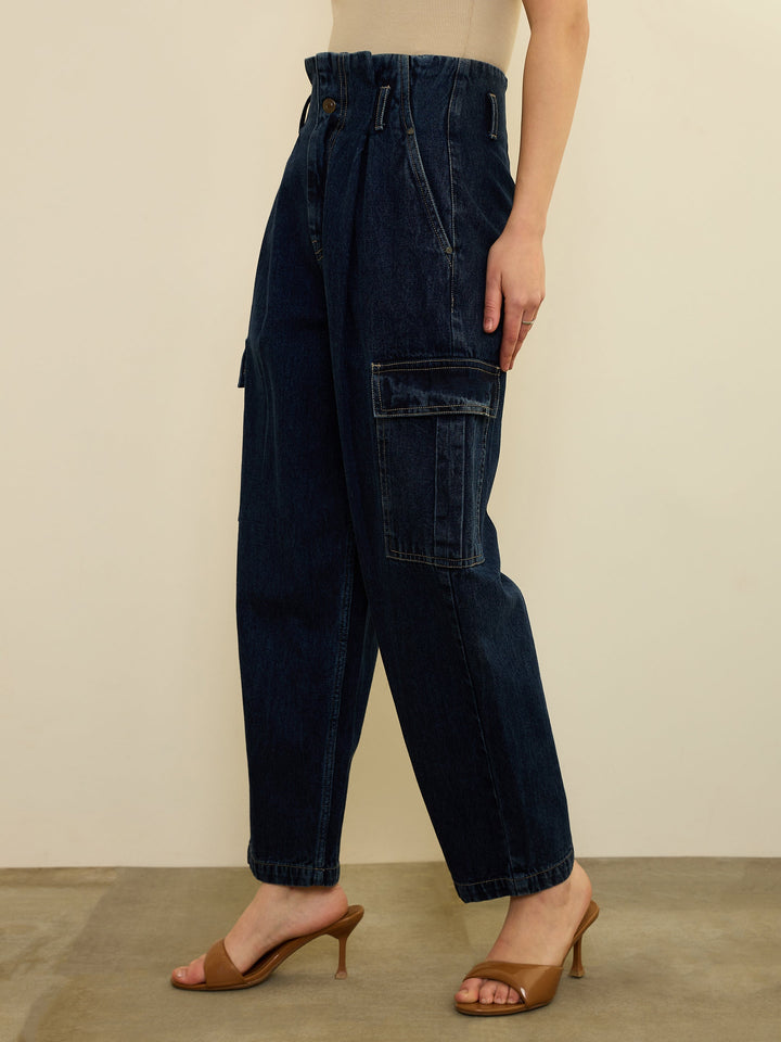 Women Navy Wash High Rise Cargo Jeans