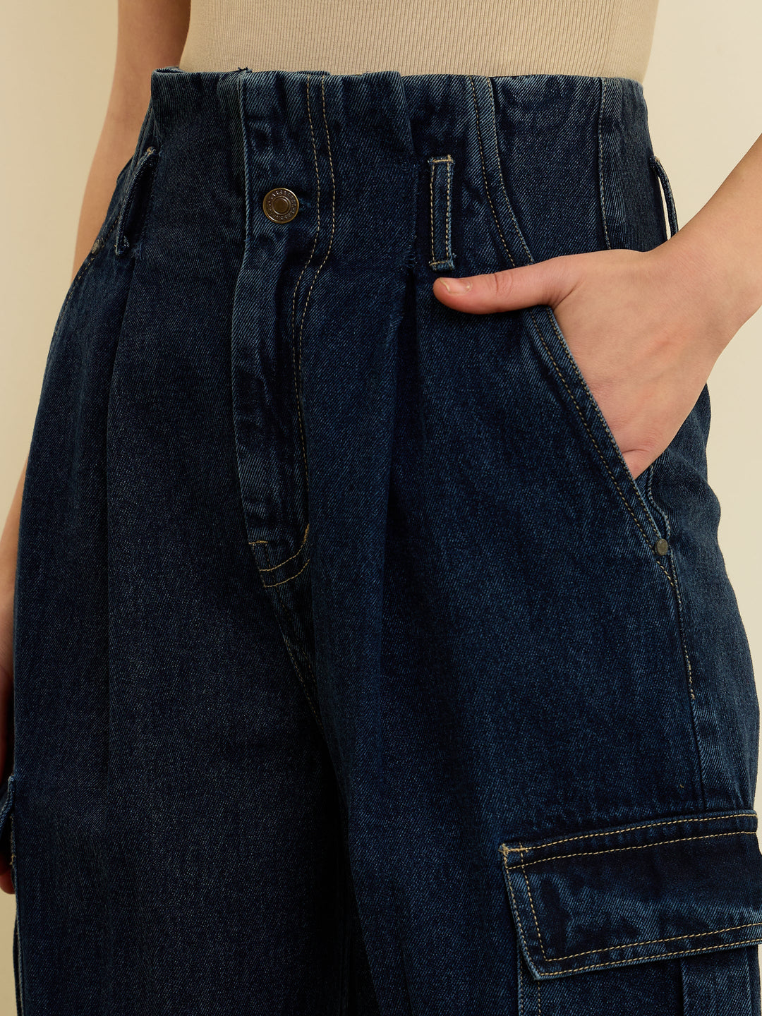 Women Navy Wash High Rise Cargo Jeans