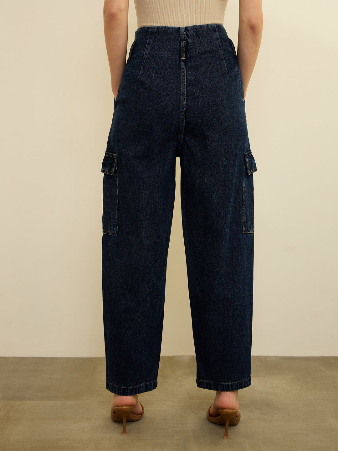 Women Navy Wash High Rise Cargo Jeans