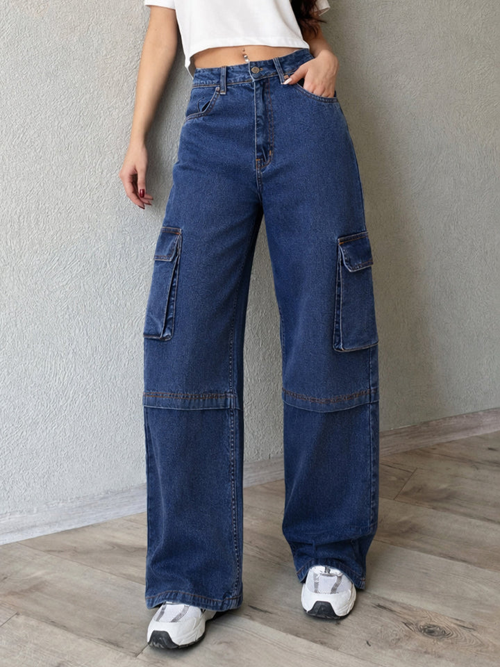 Women Navy Wash Straight Cargo Jeans