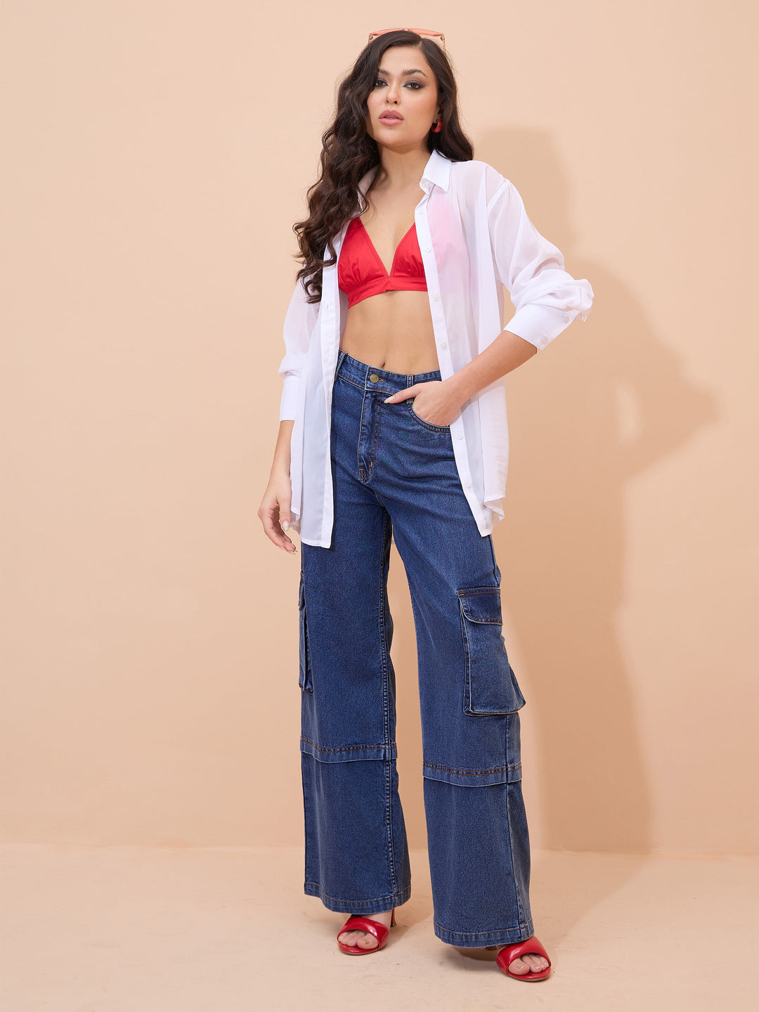 Women Navy Wash Straight Cargo Jeans