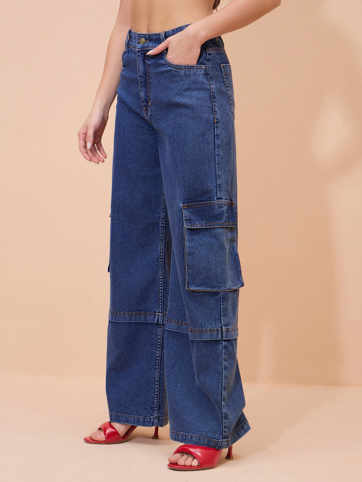 Women Navy Wash Straight Cargo Jeans