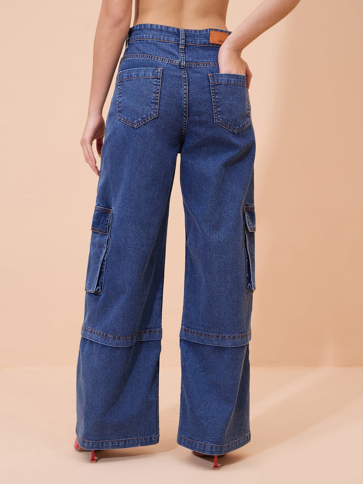 Women Navy Wash Straight Cargo Jeans