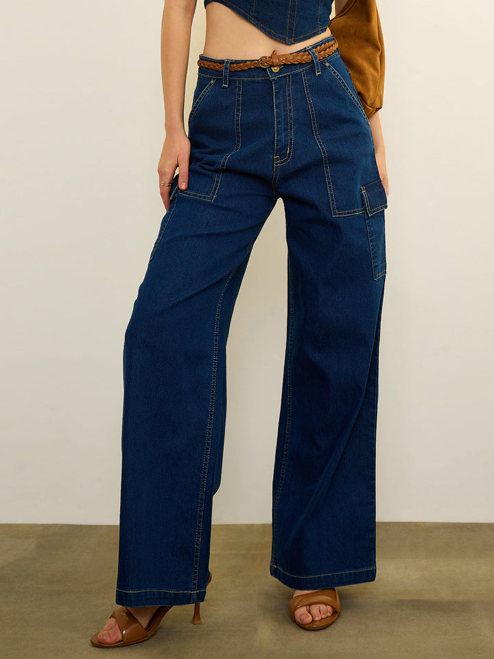 Women Navy Wash Mid Rise Straight Cargo Jeans