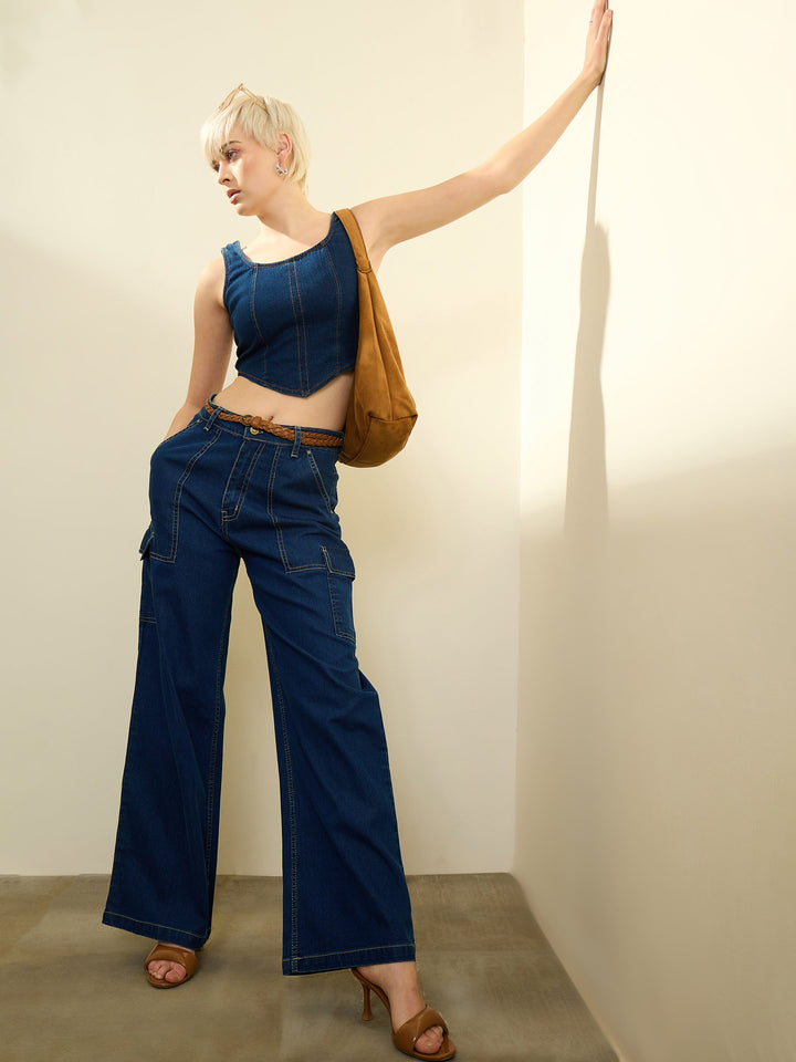 Women Navy Wash Mid Rise Straight Cargo Jeans