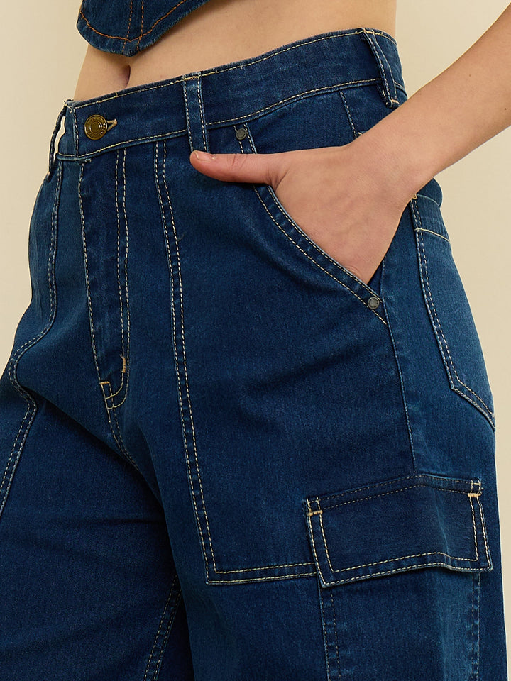 Women Navy Wash Mid Rise Straight Cargo Jeans