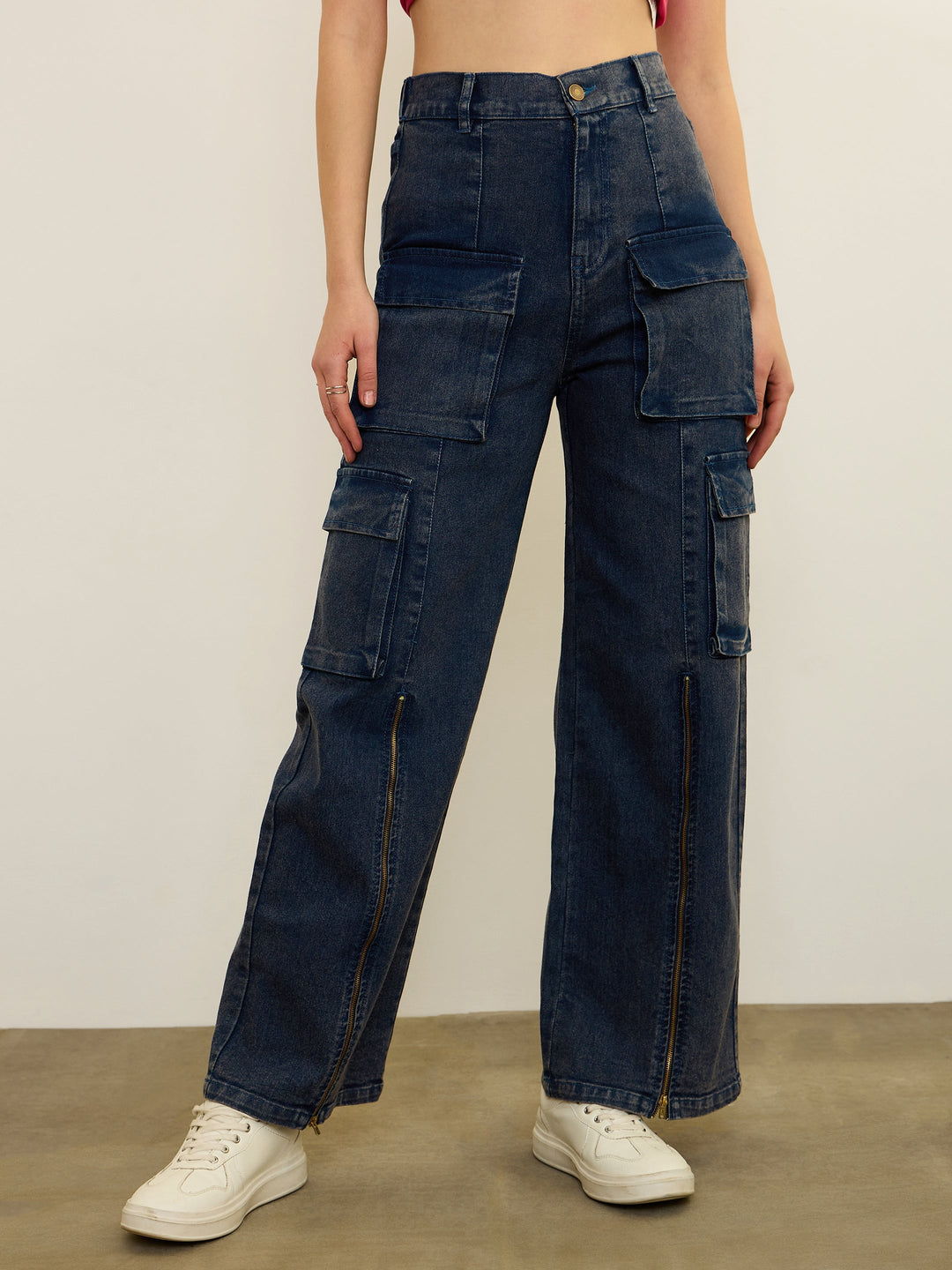 Women Navy Blue Zipper Detail Cargo Straight Jeans