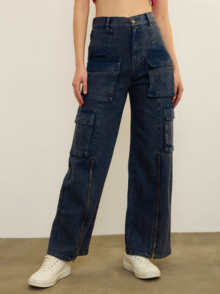 Women Navy Blue Zipper Detail Cargo Straight Jeans
