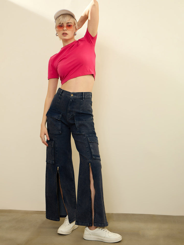 Women Navy Blue Zipper Detail Cargo Straight Jeans