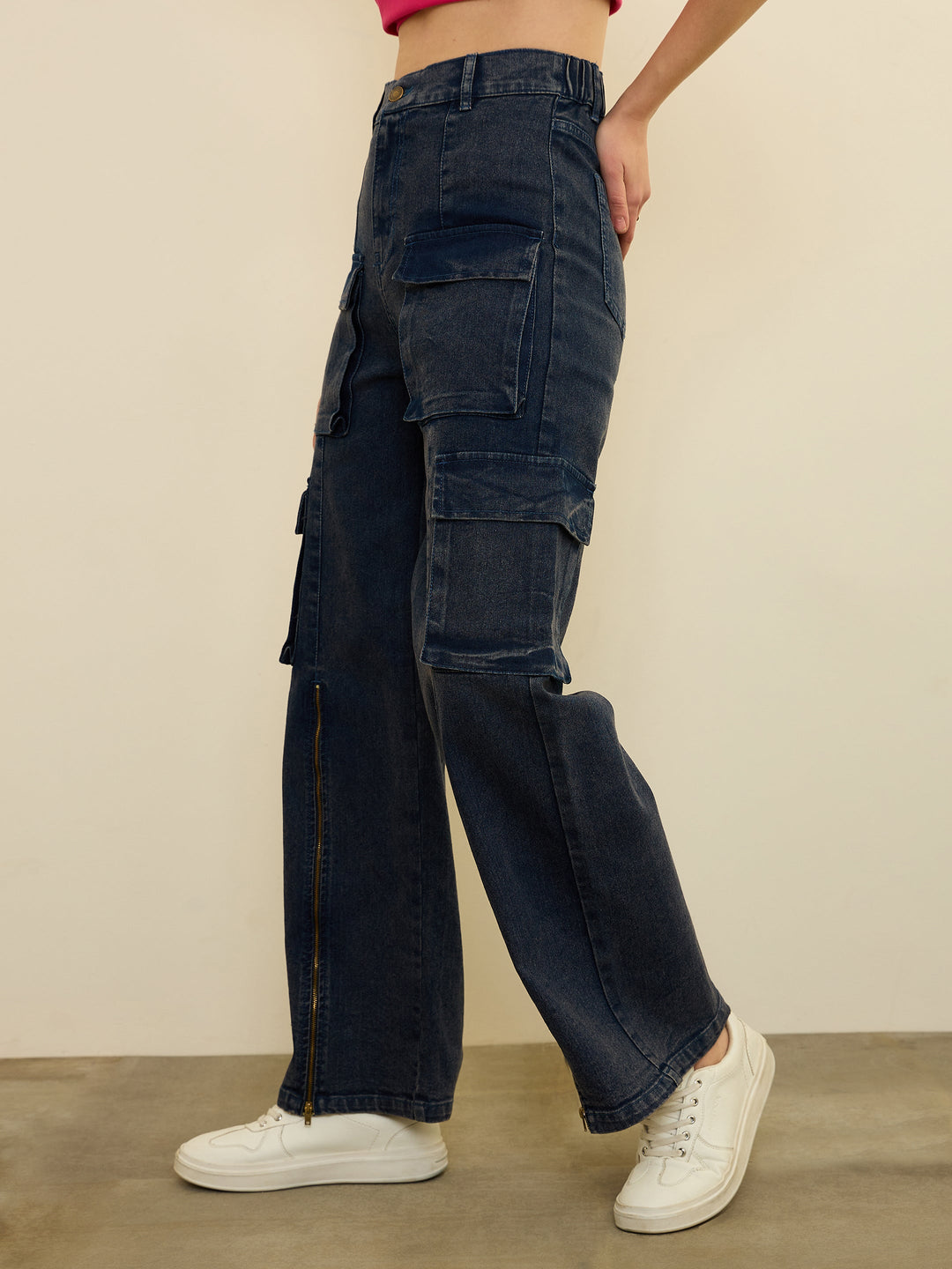 Women Navy Blue Zipper Detail Cargo Straight Jeans