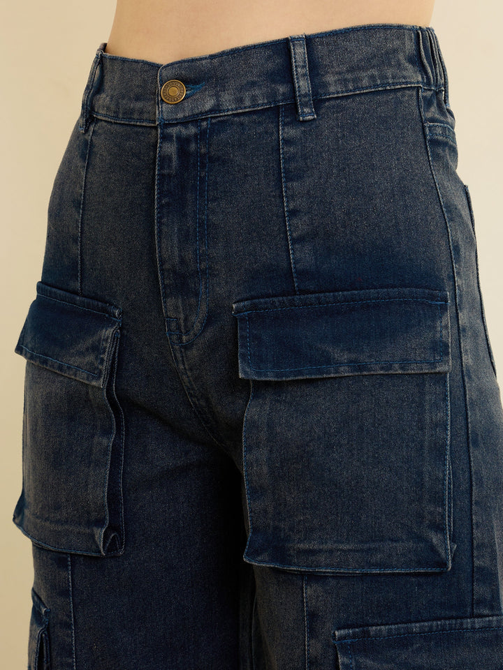 Women Navy Blue Zipper Detail Cargo Straight Jeans
