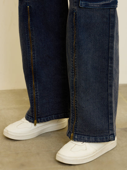 Women Navy Blue Zipper Detail Cargo Straight Jeans