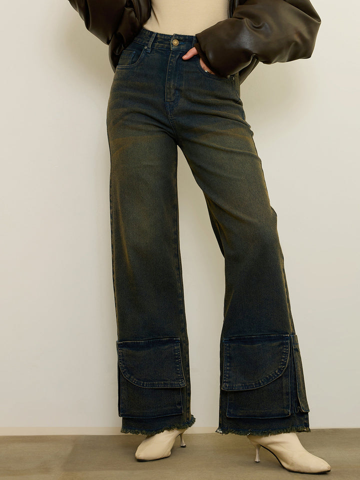 Women Blue Acid Wash Hem Pockets Straight Jeans