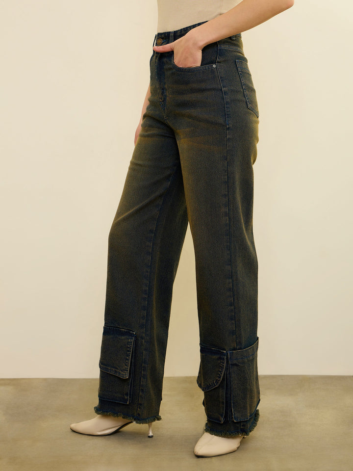 Women Blue Acid Wash Hem Pockets Straight Jeans