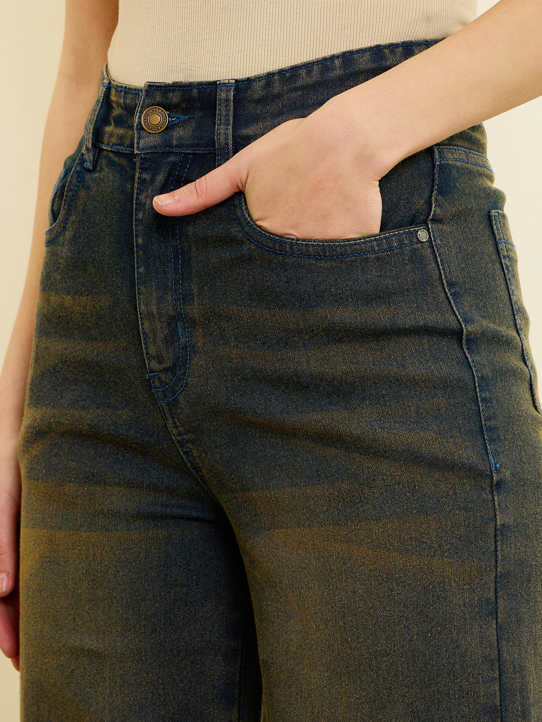 Women Blue Acid Wash Hem Pockets Straight Jeans