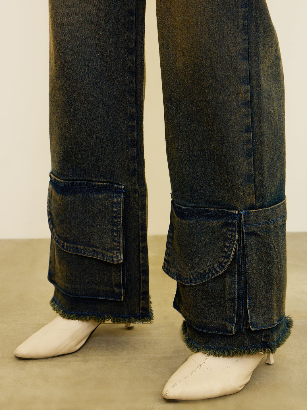 Women Blue Acid Wash Hem Pockets Straight Jeans