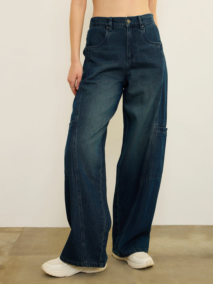 Women Navy Acid Wash Wide Leg Jeans