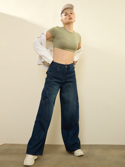 Women Navy Acid Wash Wide Leg Jeans