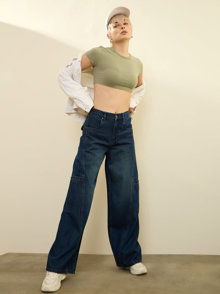 Women Navy Acid Wash Wide Leg Jeans