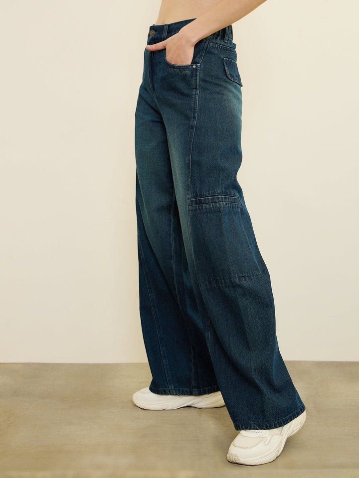 Women Navy Acid Wash Wide Leg Jeans