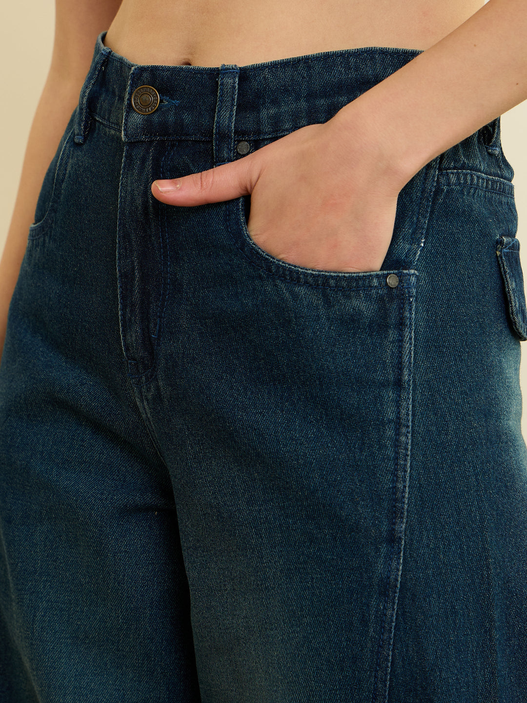 Women Navy Acid Wash Wide Leg Jeans